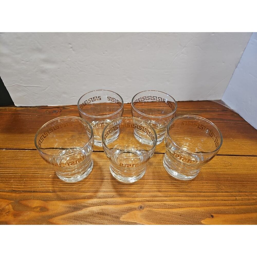 Set Of Five Libbey Gold Greek Key Clear Glass 3 x 3 Inch MCM